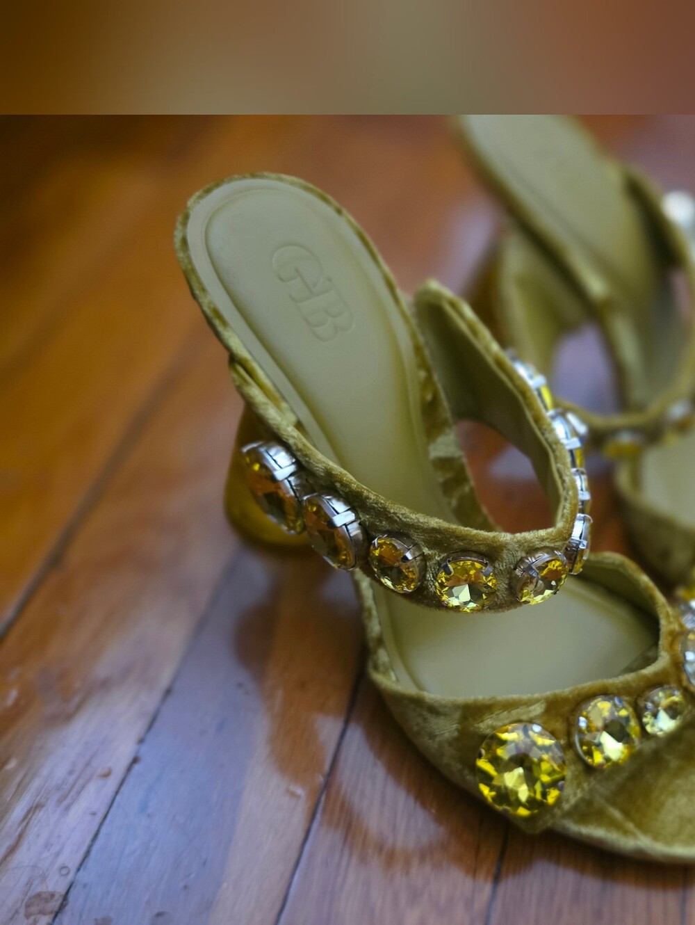Gianni Bini Gold Velvet Jeweled Block Heel Sandals - Picture 6 of 6